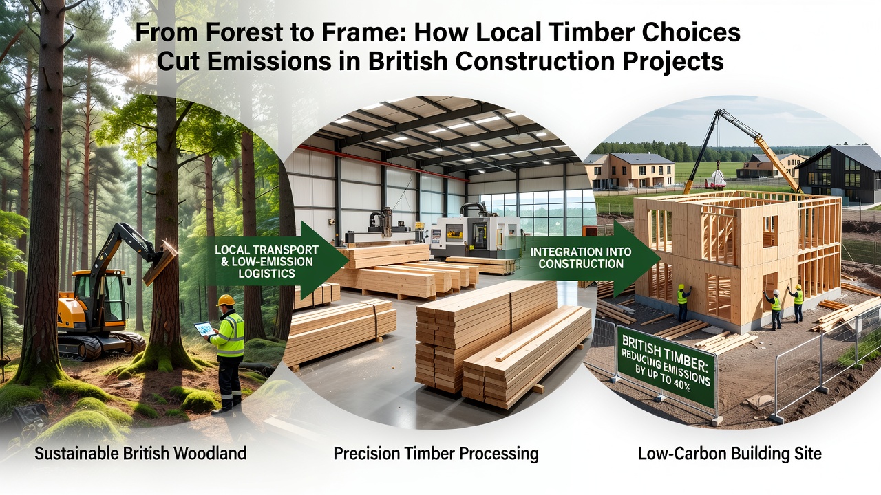 Timber-framed residential building under construction using UK-sourced wood in a British urban development